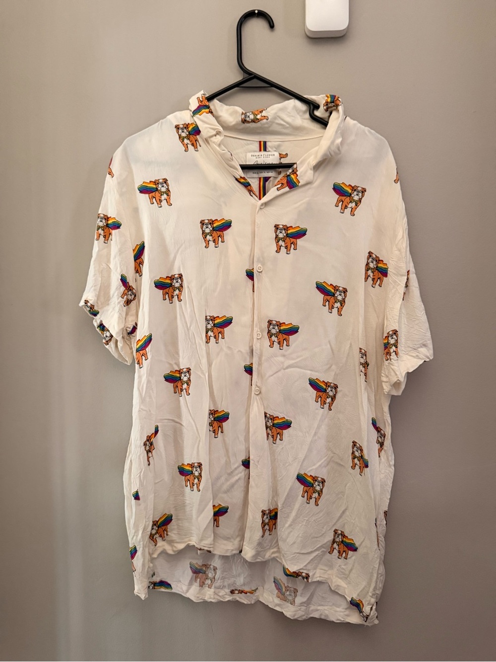 Denim & Flower White Short-Sleeve Button-Up Shirt with Rainbow Bulldog Print